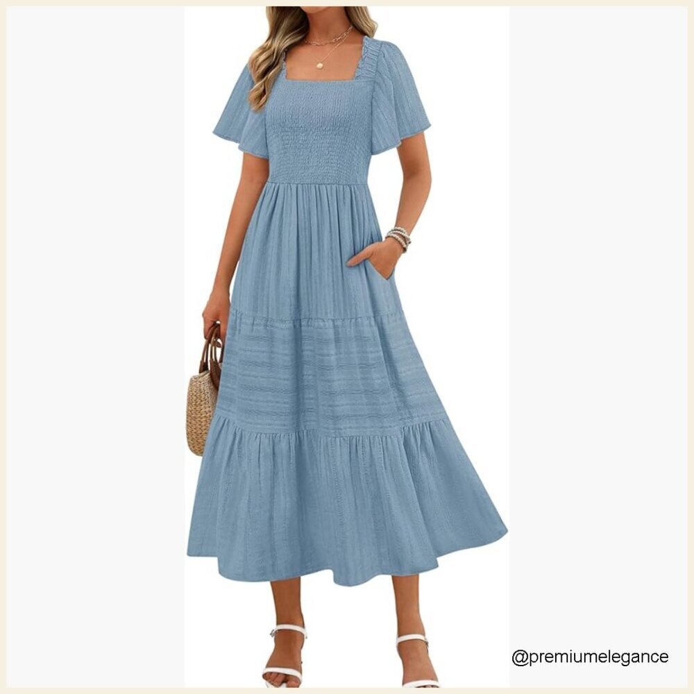 Summer Midi Dress with Pockets, Smocked Bodice, Tiered Ruffle Hem